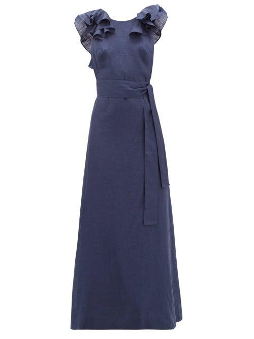 Matchesfashion.com Kalita - Eros Waist Tie Ruffled Linen Maxi Dress - Womens - Navy