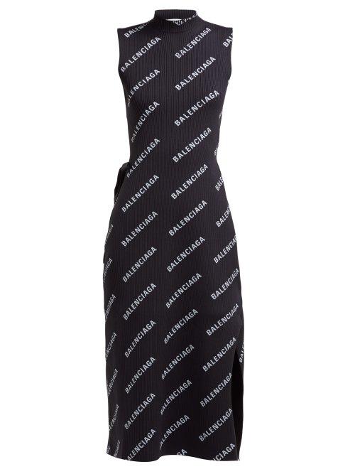 Matchesfashion.com Balenciaga - Logo Print Ribbed Wrap Midi Dress - Womens - Black Multi