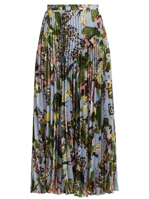 Matchesfashion.com Erdem - Nesrine Facette Dream Bird Print Midi Skirt - Womens - Blue Multi