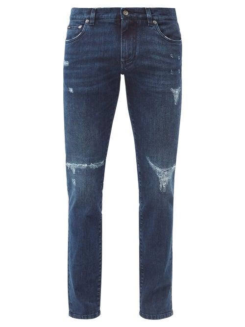 Matchesfashion.com Dolce & Gabbana - Distressed Cotton-blend Slim-leg Jeans - Mens - Blue