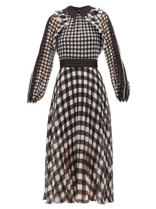 Matchesfashion.com Self-portrait - Gingham Print Lace Trimmed Pleated Chiffon Dress - Womens - Black Cream