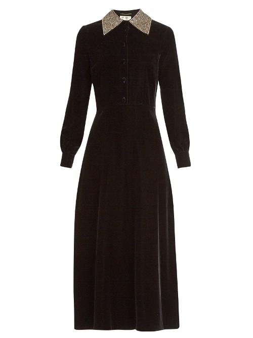 Saint Laurent Embellished-collar Velvet Midi Dress