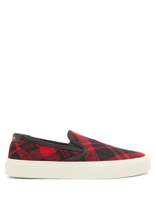 Matchesfashion.com Saint Laurent - Venice Tartan Wool-canvas Slip-on Trainers - Womens - Black Red