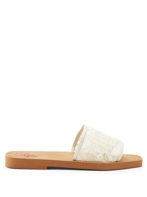 Matchesfashion.com Chlo - Woody Logo-lace And Leather Slides - Womens - Beige