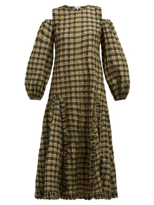 Matchesfashion.com Ganni - Charron Check Cut Out Maxi Dress - Womens - Khaki