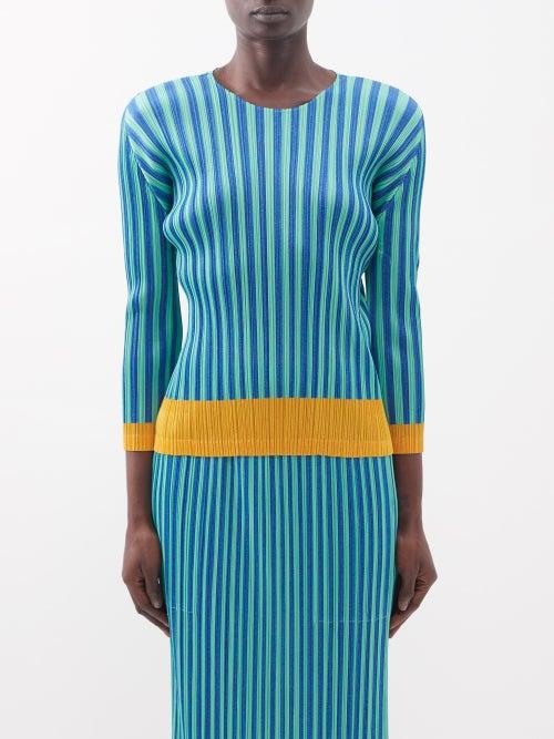 Pleats Please Issey Miyake - Striped Technical-pleated Top - Womens - Green