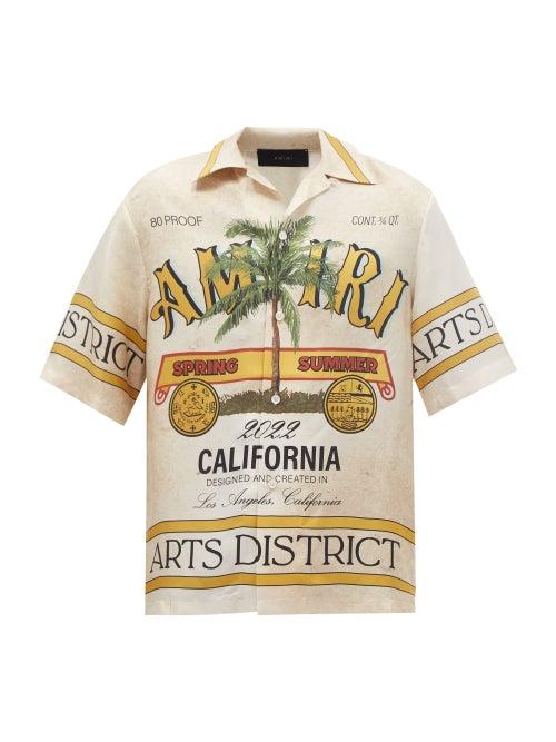 Amiri - Logo-print Silk Short-sleeved Bowling Shirt - Mens - Ivory Multi