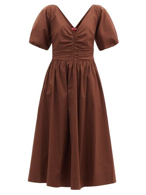 Matchesfashion.com Staud - Greta Ruched Cotton-blend Dress - Womens - Brown