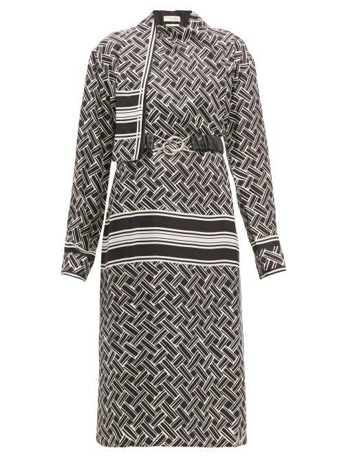 Matchesfashion.com Bottega Veneta - Patterned Drape Neck Silk Twill Wrap Dress - Womens - Black White