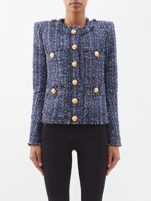 Balmain - Fringed Buttoned Denim-tweed Jacket - Womens - Denim