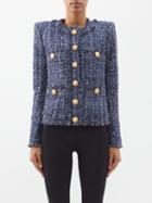 Balmain - Fringed Buttoned Denim-tweed Jacket - Womens - Denim