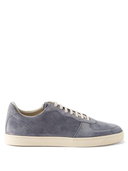Brunello Cucinelli - Crest-print Suede Trainers - Mens - Blue