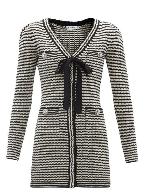 Matchesfashion.com Self-portrait - Pussy-bow Ribbed Striped Cotton-blend Mini Dress - Womens - Black Stripe