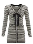 Matchesfashion.com Self-portrait - Pussy-bow Ribbed Striped Cotton-blend Mini Dress - Womens - Black Stripe