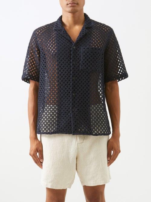 Commas - Short-sleeved Linen-blend Macram Shirt - Mens - Dark Navy