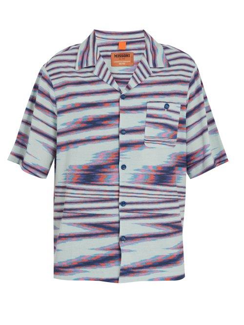 Matchesfashion.com Missoni - Striped Camp Collar Fine Knit Cotton Shirt - Mens - Blue Multi