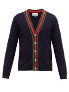 Matchesfashion.com Gucci - Web Striped Ribbed Knit Wool Cardigan - Mens - Navy