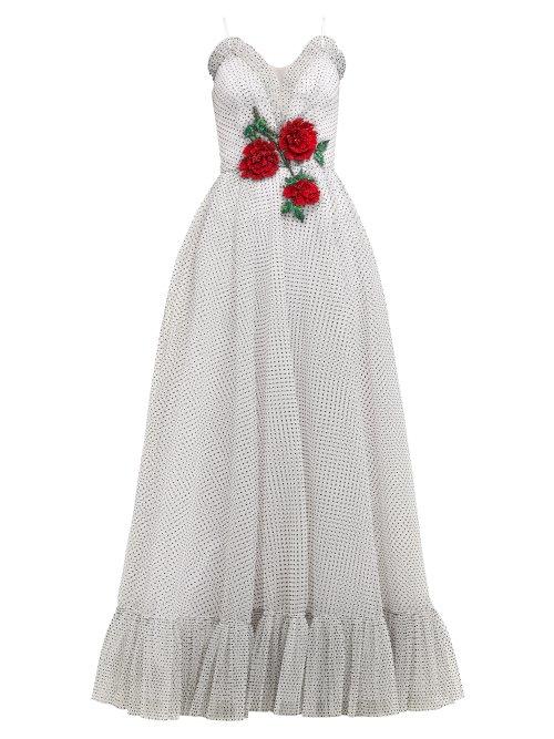 Matchesfashion.com Rodarte - Sequinned Rose Appliqud Polka Dot Mesh Gown - Womens - White Multi