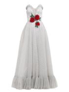 Matchesfashion.com Rodarte - Sequinned Rose Appliqud Polka Dot Mesh Gown - Womens - White Multi