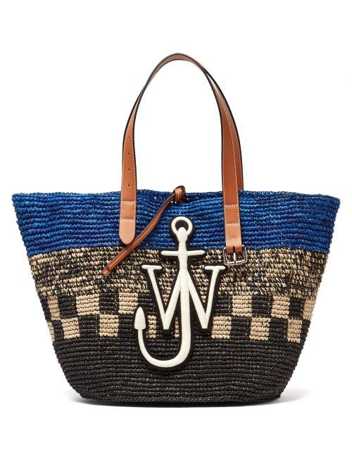 Matchesfashion.com Jw Anderson - Belt Logo-appliqu Woven-raffia Tote Bag - Womens - Blue Multi