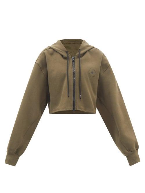 Adidas By Stella Mccartney - Cropped Zipped Cotton-blend Hooded Sweatshirt - Womens - Khaki