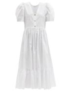 Matchesfashion.com Rhode - Nisha Puff-sleeve Cotton-poplin Midi Dress - Womens - White