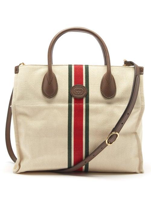 Gucci - Leather Trim Web-stripe Canvas Tote Bag - Mens - Beige
