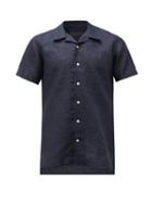 Matchesfashion.com Thom Sweeney - Cuban-collar Linen-chambray Shirt - Mens - Navy