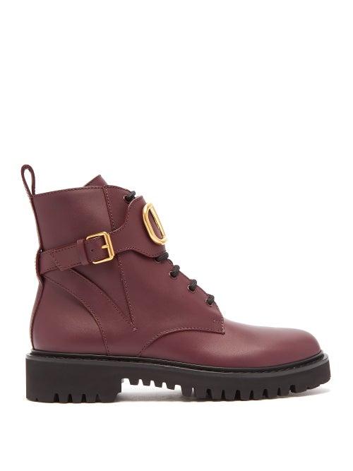 Matchesfashion.com Valentino - V Logo Leather Lace Up Boots - Womens - Burgundy