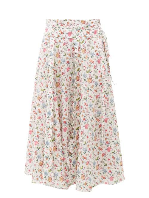 Matchesfashion.com Horror Vacui - Sophie Floral Print Cotton Midi Skirt - Womens - White Multi