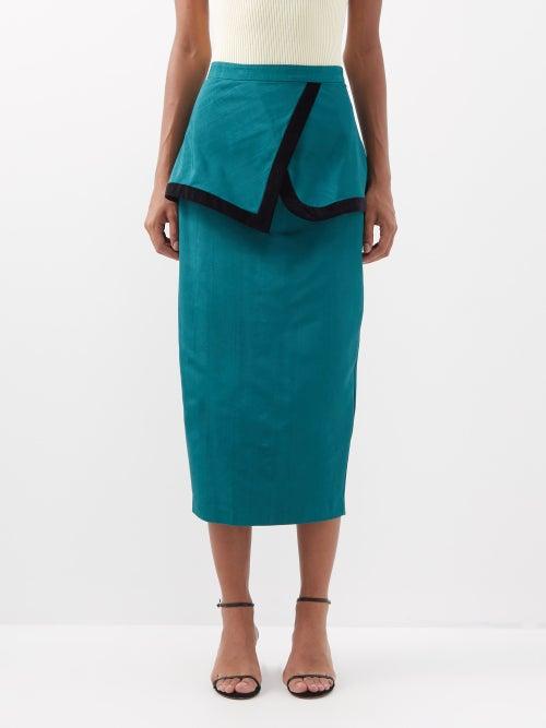 Batsheva - Welle Velvet-trimmed Moir Midi Skirt - Womens - Dark Green