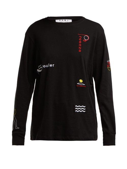 Matchesfashion.com Proenza Schouler Pswl - Embroidered Long Sleeved Cotton T Shirt - Womens - Black Multi