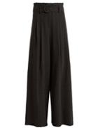 Matchesfashion.com Sea - Prince Of Wales Checked Belted Wool Trousers - Womens - Dark Grey