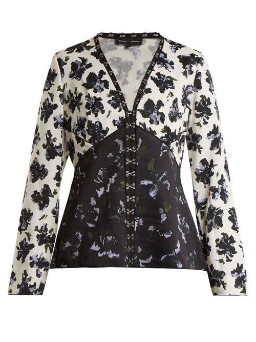 Matchesfashion.com Proenza Schouler - Floral Print V Neck Blouse - Womens - Black Blue