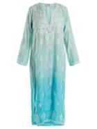 Matchesfashion.com Juliet Dunn - Floral Embroidered Ombr Silk Kaftan - Womens - Blue