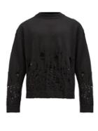 Matchesfashion.com Palm Angels - Distressed Logo-jacquard Wool Sweater - Mens - Black