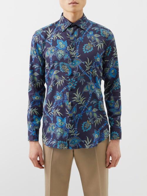Etro - Botanical-print Cotton Shirt - Mens - Navy Multi