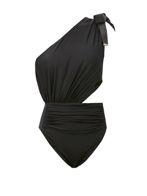 Matchesfashion.com Self-portrait - Bow Cutout One-shoulder Swimsuit - Womens - Black