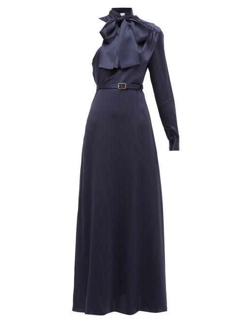 Matchesfashion.com Hillier Bartley - One-shoulder Pussy-bow Silk Dress - Womens - Navy