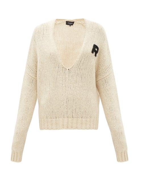 Matchesfashion.com Rochas - Monogram-appliqu Scoop-neck Sweater - Womens - Cream
