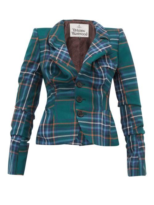 Matchesfashion.com Vivienne Westwood - Tartan Single Breasted Ruched Wool Jacket - Womens - Green Multi