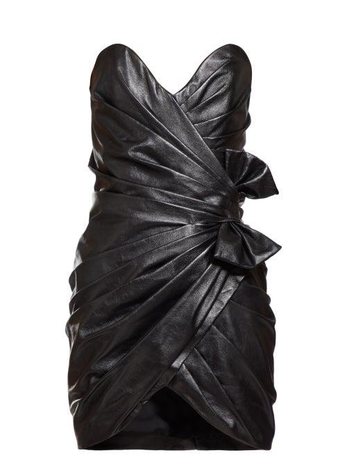 Matchesfashion.com Saint Laurent - Gathered Leather Mini Dress - Womens - Black