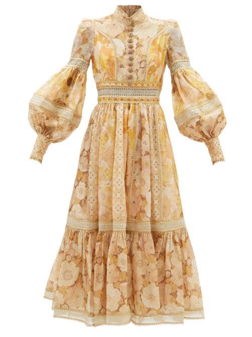 Zimmermann - Tempo Spliced Floral-print Linen-blend Midi Dress - Womens - Yellow Print