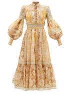 Zimmermann - Tempo Spliced Floral-print Linen-blend Midi Dress - Womens - Yellow Print