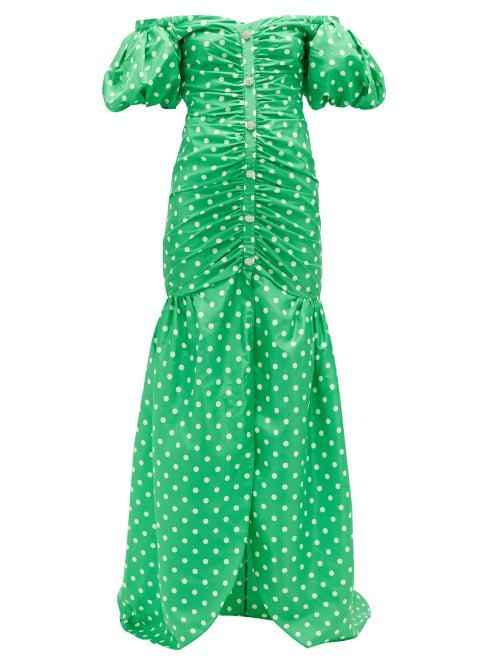 Matchesfashion.com Alessandra Rich - Off-the-shoulder Polka-dot Silk Gown - Womens - Green White