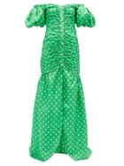Matchesfashion.com Alessandra Rich - Off-the-shoulder Polka-dot Silk Gown - Womens - Green White