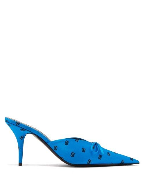 Matchesfashion.com Balenciaga - Knife Bb Print Satin Mules - Womens - Blue