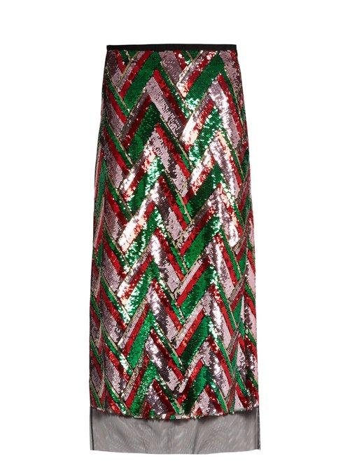 Matchesfashion.com Gucci - Sequin Embellished Chevron Midi Skirt - Womens - Red Multi