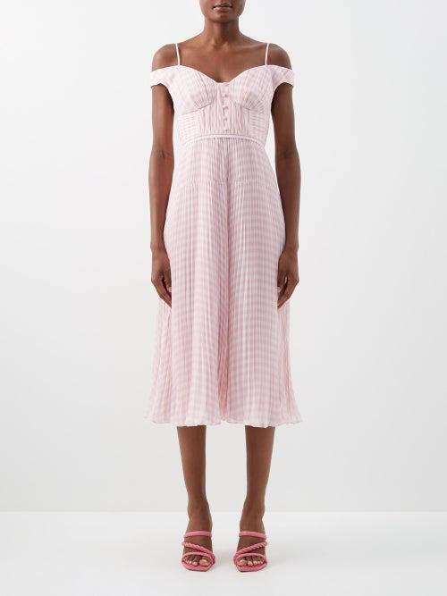 Self-portrait - Gingham Off-the-shoulder Chiffon Midi Dress - Womens - Light Pink