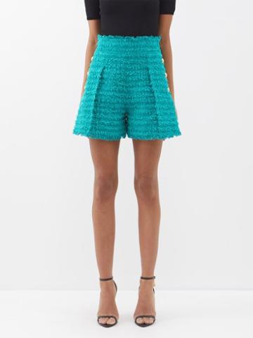 Balmain - High-rise Buttoned Tweed Shorts - Womens - Turquoise
